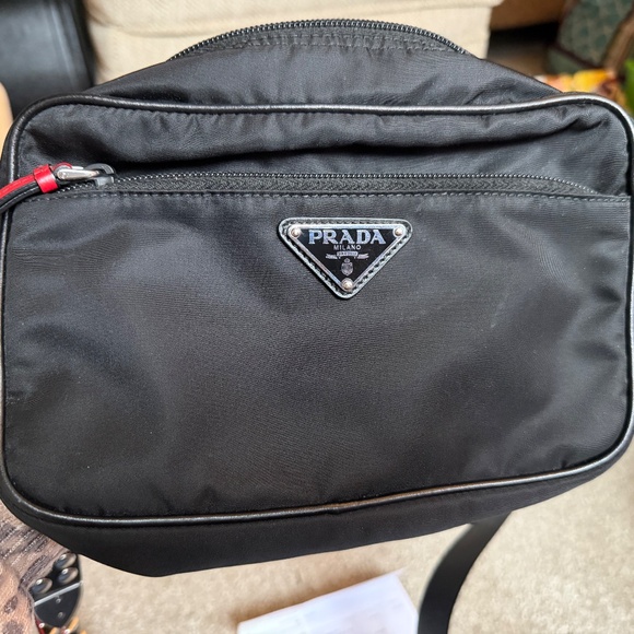 Prada Vela Black Bag w/red leather and silver studded strap - Picture 7 of 7